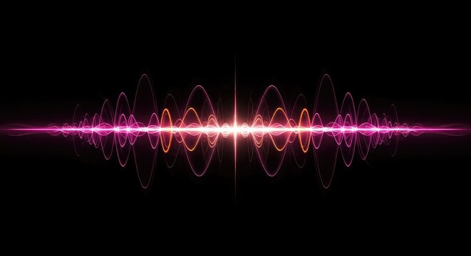 Abstract depiction of increasing energy waves meeting a matching frequency point, showing maximum amplitude and controlled stability, transfer, tuning, oscillation