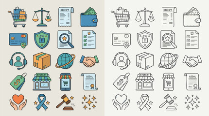 Fototapeta premium Set of colorful and outline icons representing e-commerce, business, and legal concepts.