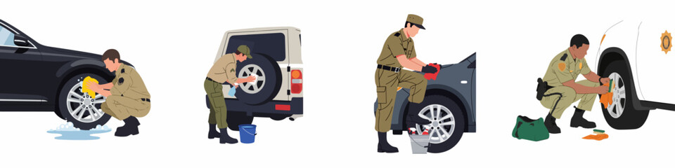Illustrations of uniformed officers cleaning and detailing various vehicles, including washing wheels, wiping hoods, and scrubbing tires. © Kadal
