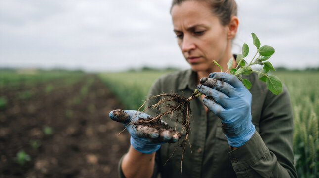 Female agronomist examining a young soybean plant with roots in a field, focusing on soil health and crop development