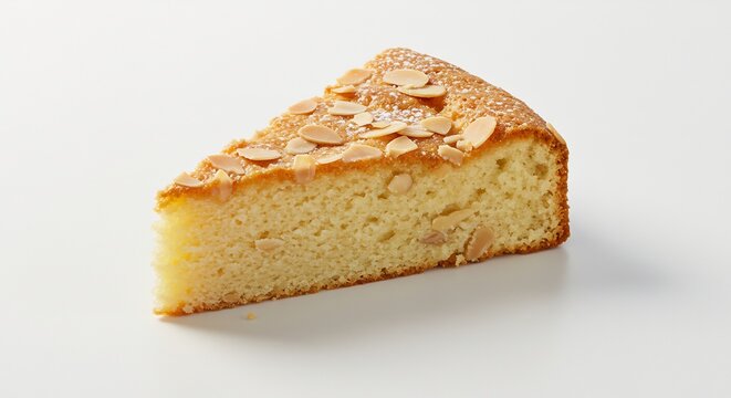 明るい光が優しく照らす美味しそうなアーモンドケーキ一切れふんわりしっとりした生地と香ばしいナッツが絶妙なバランスで食欲をそそる美しいデザート. AI Generated