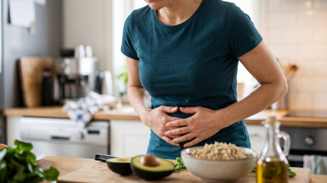 Woman suffering from stomach ache while preparing healthy food in the kitchen