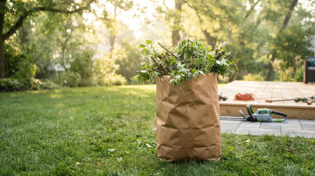 A paper lawn and leaf bag filled with yard waste, including tree branches and green leaves, sitting on a grassy lawn in a backyard