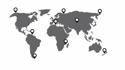 Gray silhouette map with black location pin placed across various continents and regions