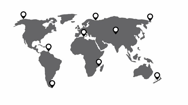 Gray silhouette map with black location pin placed across various continents and regions