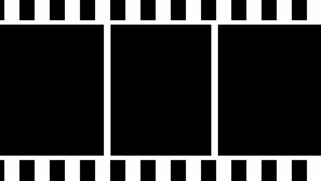 Horizontal strip of 35mm photographic with three empty black frames and perforated edges