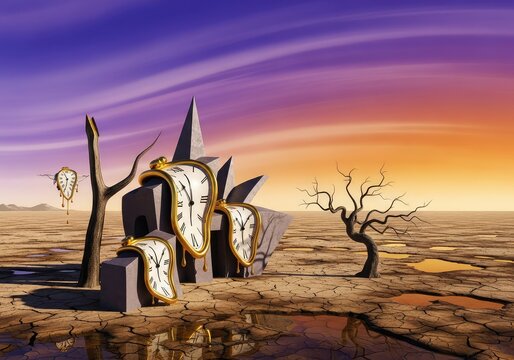 A bizarre digital landscape featuring melting clocks, strange architectural forms, and impossibly sharp shadows under a purple-orange sky, artistic, shape, perspective