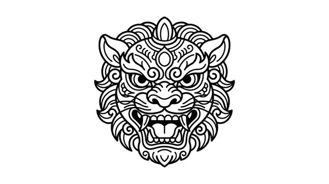 Intricate black and white line art illustration of a stylized guardian lion head.