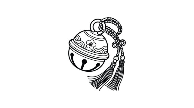 A detailed black and white line art illustration of a traditional Japanese bell with tassels.