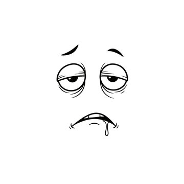 Sleepy cartoon face with droopy eyes and drool on white background