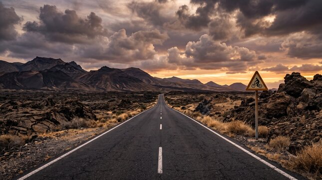 Empty asphalt road stretching through volcanic rocky desert landscape under dramatic sunset clouds with bicycle warning traffic sign ahead