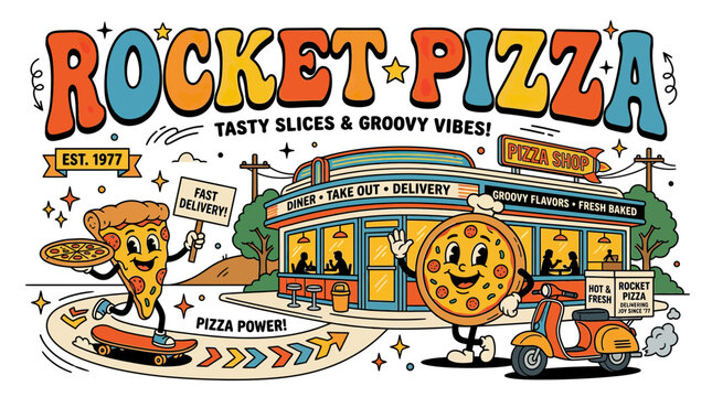Retro Rocket Pizza Diner with Cartoon Pizza Characters and Scooter