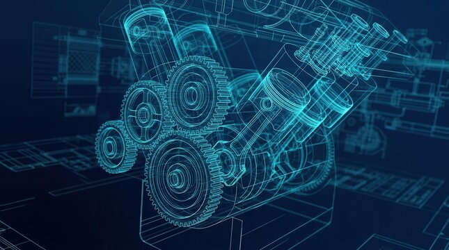 Abstract 3d rendering of engine technology and industrial machinery project design.
