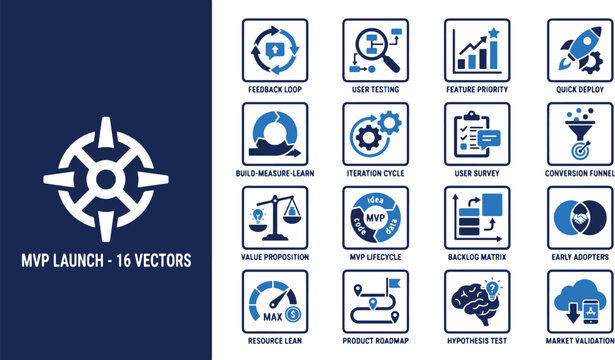 Minimal Viable Product MVP Launch Vector Icons Set for Business Development, Project Management, and Startup Strategy.