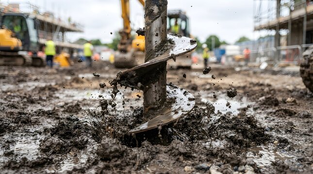 Large Industrial Earth Auger Drilling Into Wet Muddy Soil at an Active Construction Site Work Zone