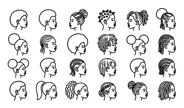 Minimal Afro Kids Profile Silhouette Outline Set with Boys and Girls Editable Stroke Monochrome Vector Illustration
