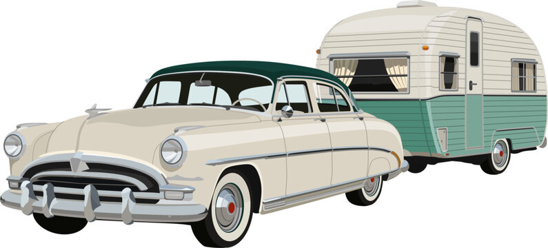 Vintage Classic Sedan Towing Retro Camper Trailer Vector Illustration