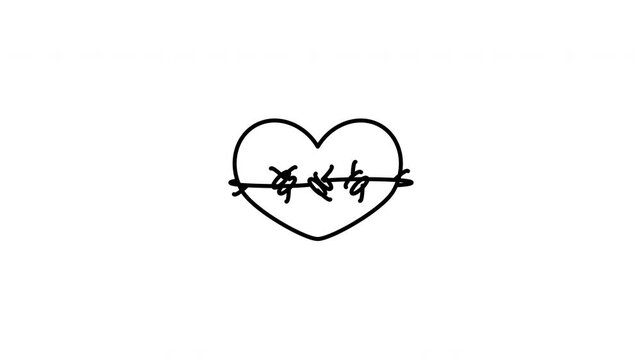 Minimalist outline animation of a human heart wrapped in heavy barbed wire metal punk icon drawing on and fading out. Features a clean pop up style in 3 color setups.