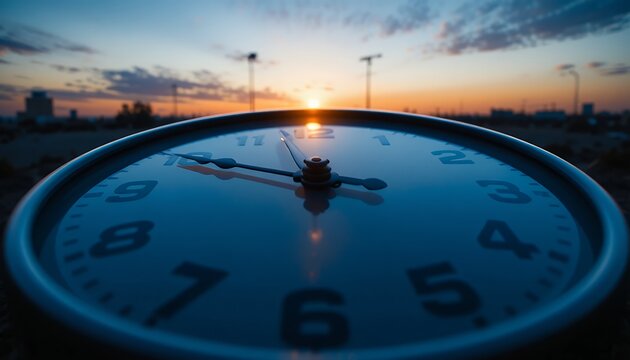 Blue clock close-up at sunset foreground timepiece macro