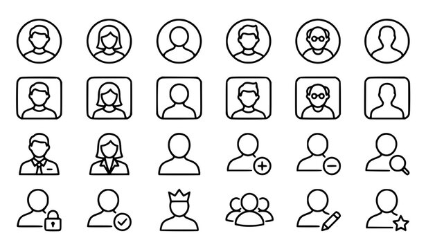 Minimal User Profile Avatar Icon Pack with Person Account Outline Symbols Editable Stroke Black and White Vector Illustration