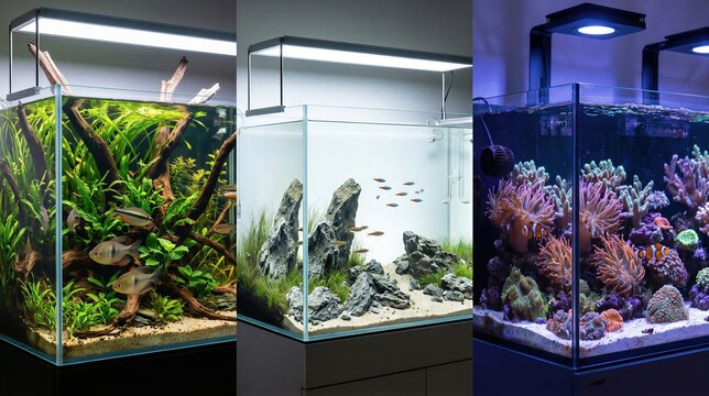Exotic aquariums with tropical fish, aquatic plants, and coral reefs. Home maintenance of underwater life in glass tanks. Professional aquascaping design for hobbyist pet care.