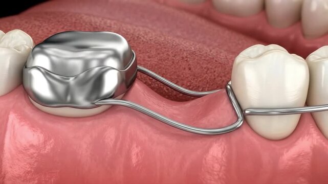 Dental space maintainer appliance on teeth 3D model. Suitable for dentistry education, clinical presentation, patient explanation, medical animation.