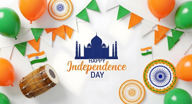 Indian independence day celebration with taj mahal flags and musical instruments