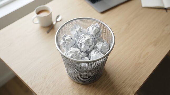 Close-up of a metal waste bin overflowing with crumpled paper on a light wooden desk, symbolizing discarded ideas and challenges in creative work