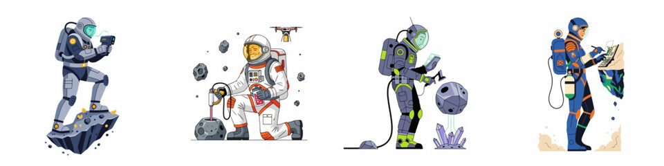 Set of four astronaut illustrations exploring space, mining asteroids, and using advanced technology on alien planets in a flat comic style. © Muqodimatul