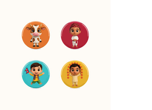 Gai Jatra Festival Nepal Cute Cartoon Children Icon Set &ndash; Apple Memoji Inspired 3D Cultural Festival Vector Illustration

