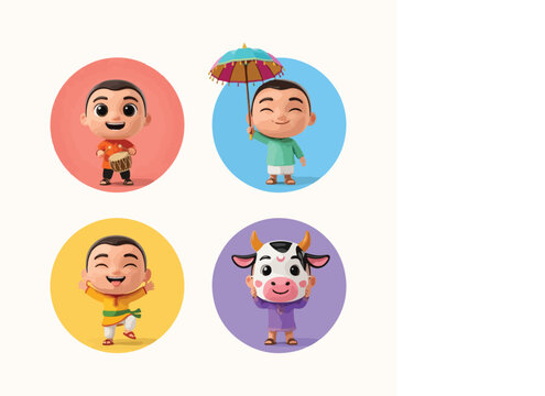 Gai Jatra Festival Nepal Cute Cartoon Children Icon Set &ndash; Apple Memoji Inspired 3D Cultural Festival Vector Illustration
