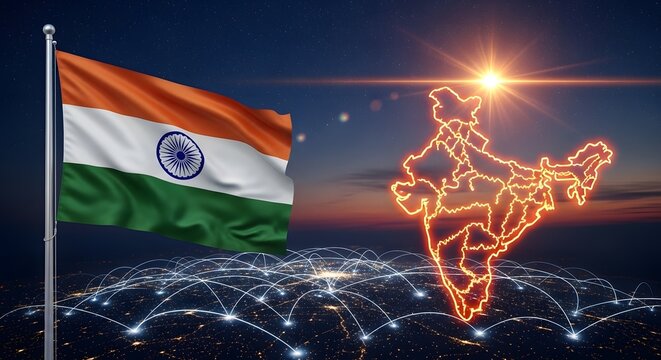 India flag and map with network connections at night