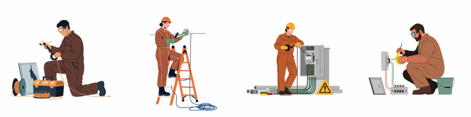 Fototapeta premium Illustration set of professional electricians in jumpsuits performing various electrical maintenance, repairs, and installations in different industrial and residential settings.