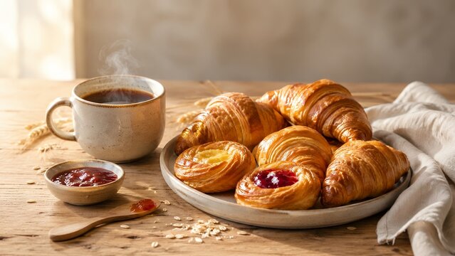 Croissants with jam and coffee on rustic breakfast table