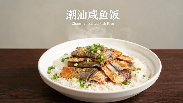 Chaoshan Salted Fish Rice Traditional Teochew Regional Cuisine, Steamed White Rice with Roasted Salted Fish Fillets Chopped Green Scallions Hot Steam Dark Wooden Table Bilingual Chinese English Text F