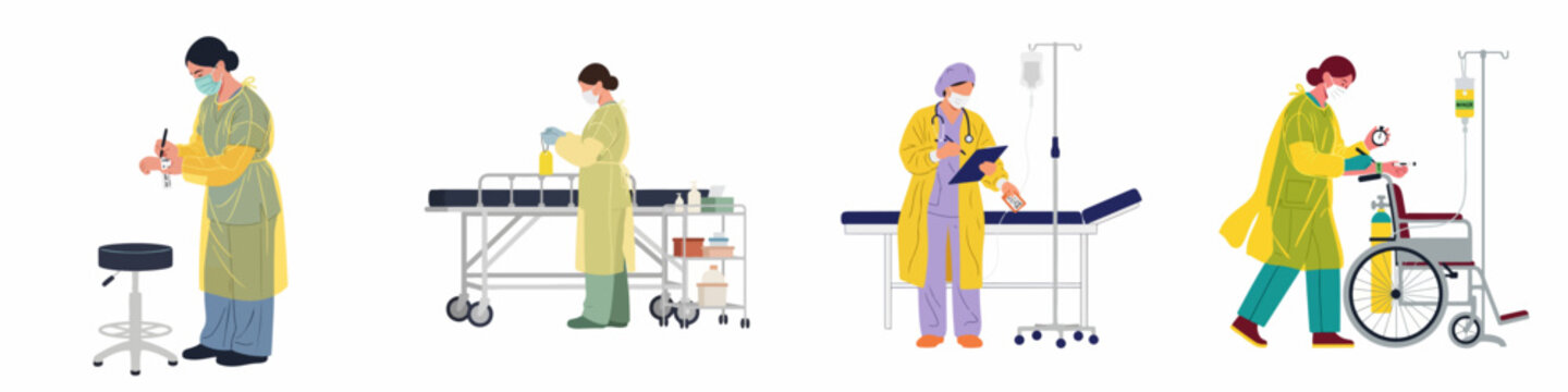 Vector illustration set of female medical healthcare workers in protective gear providing treatment and managing hospital equipment during a pandemic crisis.