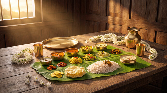 Traditional Kerala Onam Sadhya vegetarian feast served on a banana leaf with brass vessels on a rustic wooden table, illuminated by warm cinematic window light, capturing the festive spirit.
