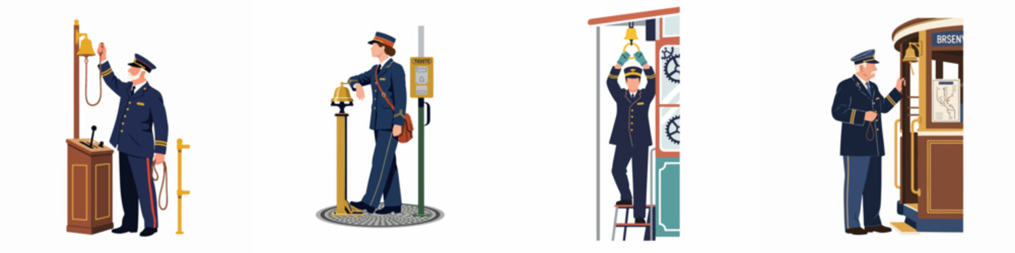 Set of vintage tram conductors in classic blue uniforms ringing bells and managing tickets, isolated on white background.