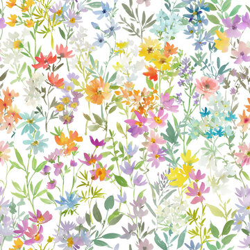 Watercolor colorful wild flowers seamless pattern on a transparent background  for fabric, wall paper and gift wrapping