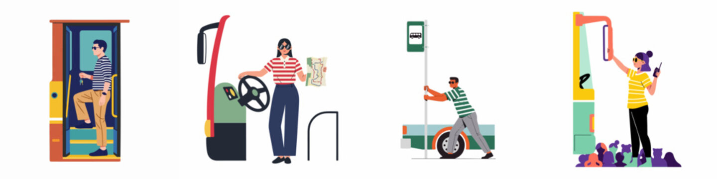 Flat vector illustrations of bus drivers and passengers interacting with public transportation services, featuring boarding, navigating with maps, and crowd management.