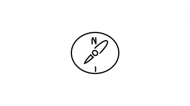 Minimalist outline animation of a navigation compass rotating needle drawing on and fading out. Features a clean pop up style in 3 color setups.