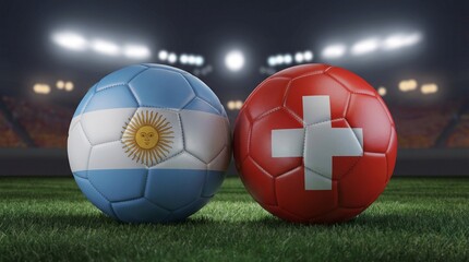 Fototapeta premium Two soccer balls in flags colors on a stadium blurred background. Argentina and Switzerland. 3D image. 