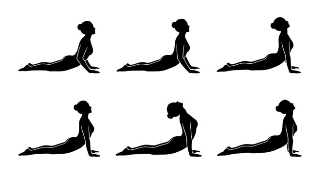 Yoga cobra pose sequence, Bhujangasana exercise, black silhouette vector set, fitness workout illustration