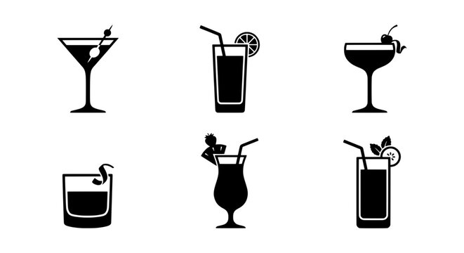 Cocktail glass icons, alcoholic drink vector set, bar menu beverages, black silhouette collection