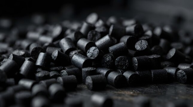Close-up shot of dark granular material, possibly carbon pellets or plastic granules, used in manufacturing and industrial processes