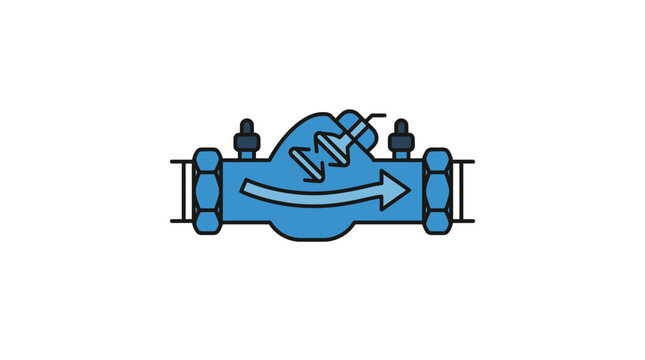 A blue industrial check valve illustration with a directional flow arrow.