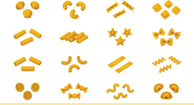 Italian Pasta Shapes Collection Vector Set Featuring Fusilli, Penne, Farfalle, Shells, Elbow Macaroni, Ravioli, and Traditional Noodle Varieties