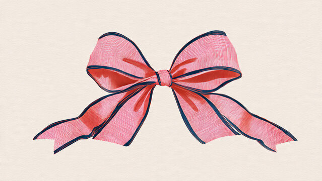 Vibrant pink ribbon bow with dark blue trim, hand-drawn illustration style, suitable for gift wrapping, fashion accessories and holiday decoration