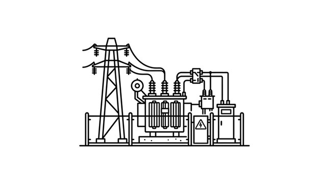 A detailed line art illustration of an electrical substation with a transformer and power lines.