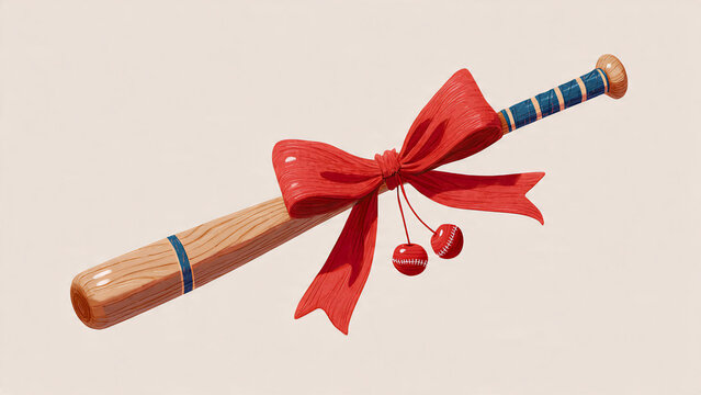 Wooden baseball bat with a large red bow and baseball-shaped cherries, suitable for sports promotions, gift ideas and celebration marketing
